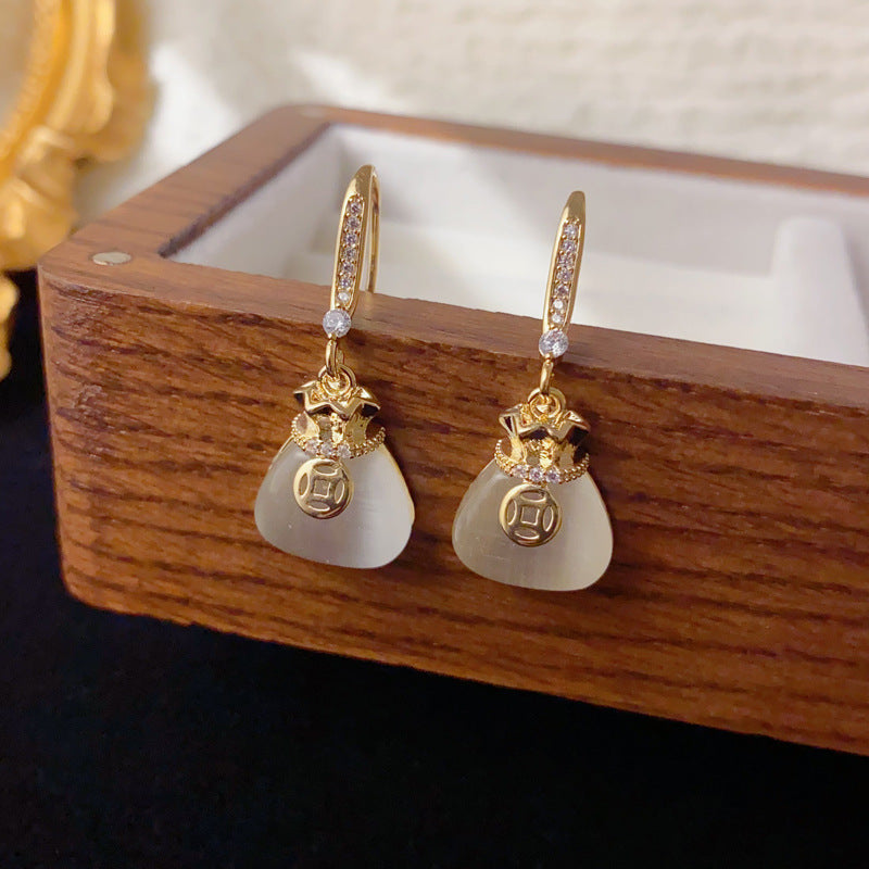 Luxury Cat's Eye Stone Money Bag Hook Earrings – Geometric Design