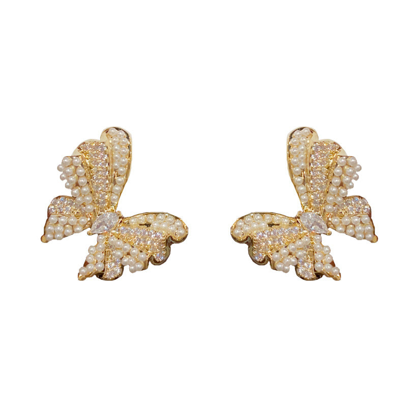 14K Gold-Plated Pearl Butterfly Earrings - Elegant Animal Design