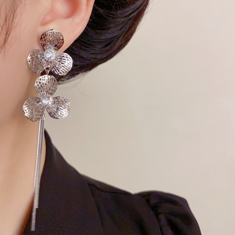 Elegant Hollow Metal Petal Long Tassel Drop Earrings – Floral Design