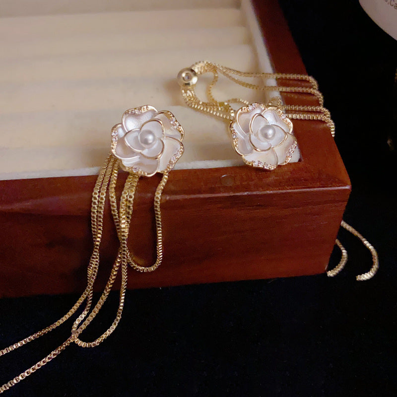 14K Gold-Plated Camellia 2 Way Tassel Earrings – Elegant Floral Design