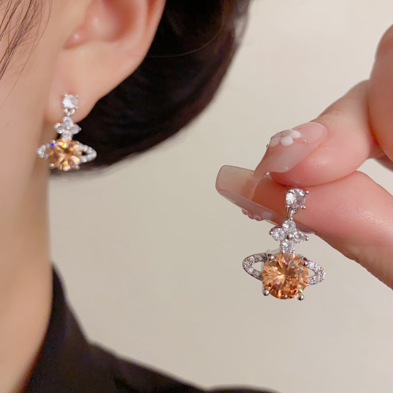 Luxury Zircon Saturn Planet Drop Earrings – Elegant Cosmic Design