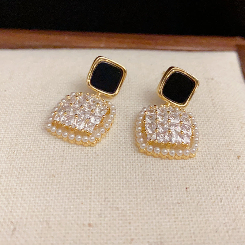 14K Gold-Plated Square Zircon Pearl Drop Earrings -Vintage Chic Design
