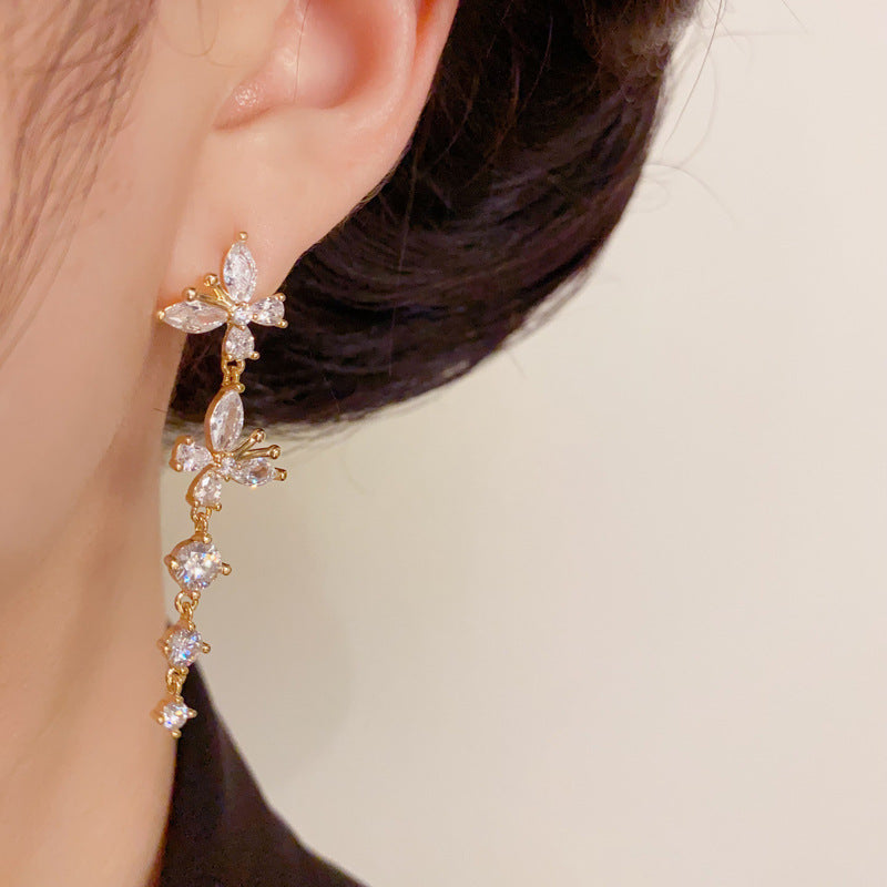 14K Glod Luxury Zircon Butterfly Tassel Drop Earrings – Elegant Design