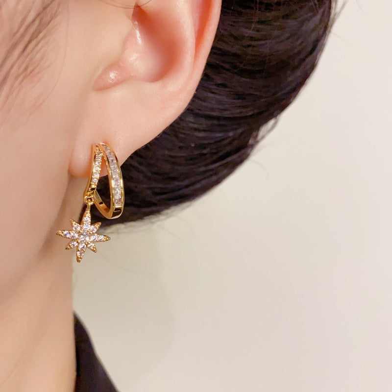 14K Gold Full Zircon Eight-Pointed Star Drop Earrings – Chic Design