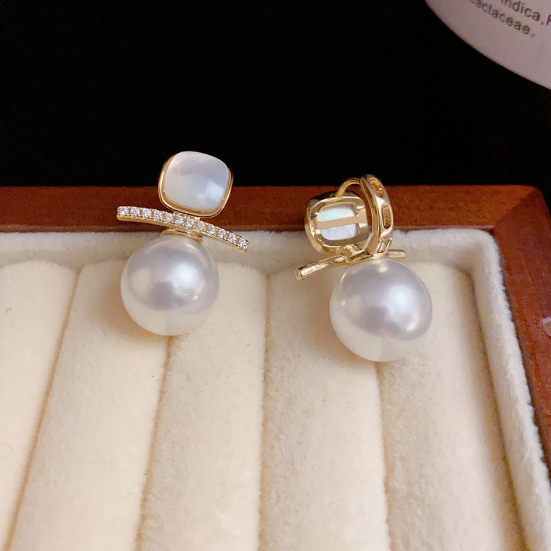 14K Gold Mother-of-Pearl Zircon Pearl Earrings - Chic Elegance Design