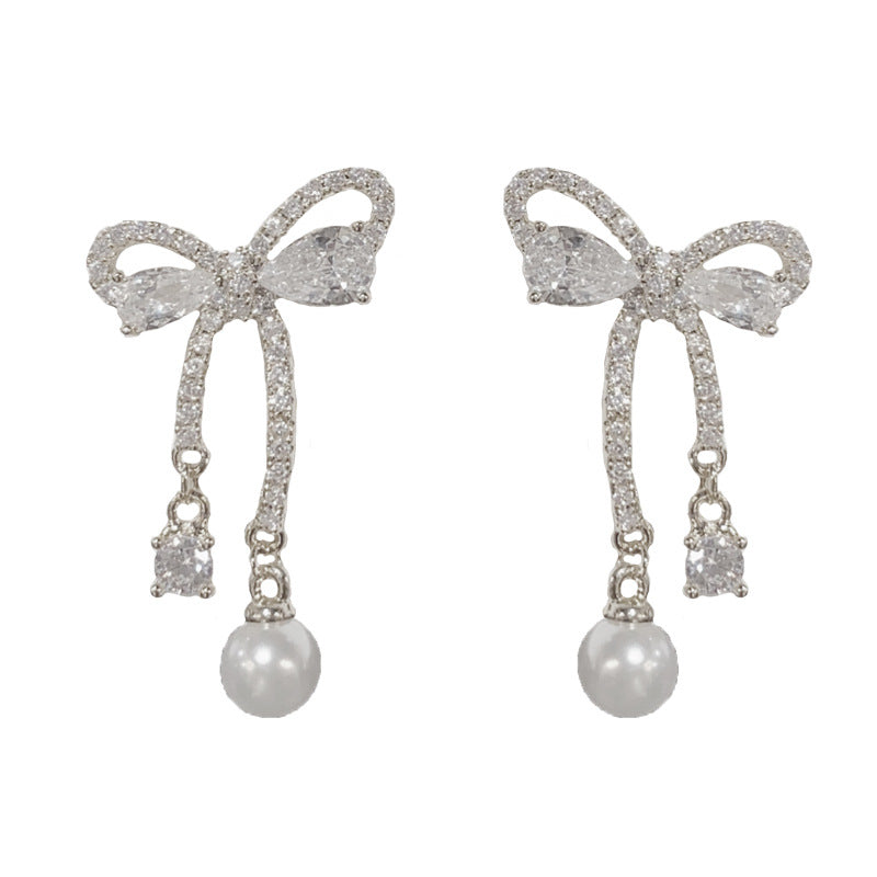 14K Gold Zircon Bowknot Drop Earrings - Chic Elegance Design