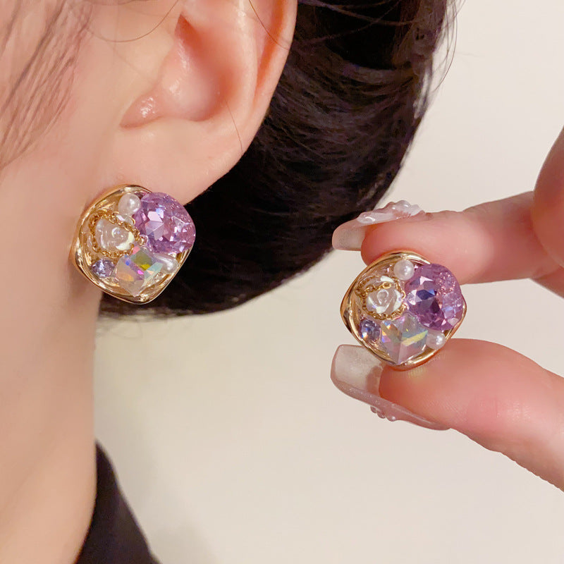 Handcrafted Crystal Petal Diamond-Shaped Stud Earrings– Elegant Design