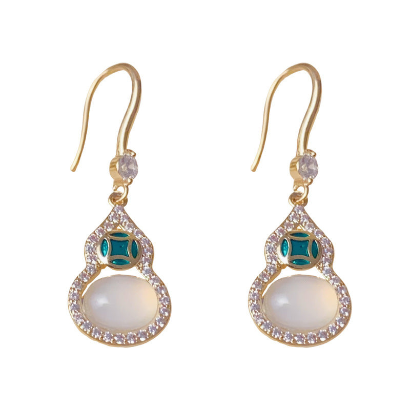 Elegant Full-Zircon Gourd Tassel Drop Earrings – Auspicious Design