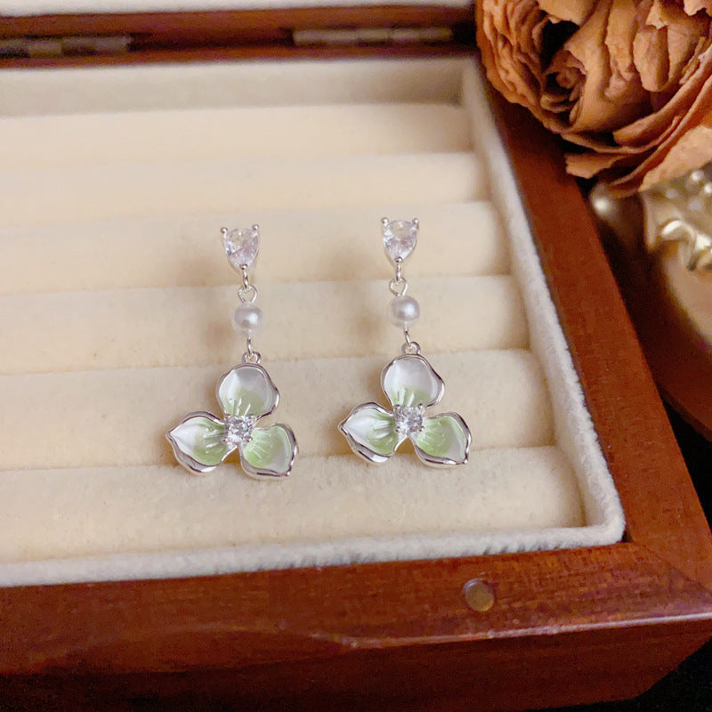 S925 Silver Luxury Gradient Green Petal Drop Earrings – Floral Design
