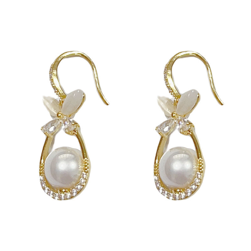 14K Gold-Plated Butterfly Pearl Waterdrop Earrings–Elegant Hook Design