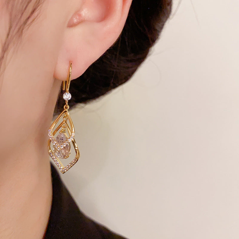 14K Gold Double-Layer Rhombus Earrings - Elegant Minimalist Design