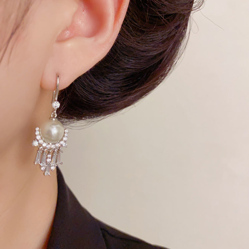 Luxury Zircon Pearl Tassel Hook Earrings – Geometric Design