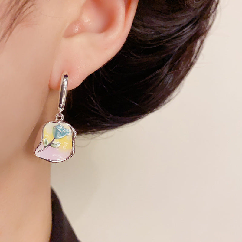 14K Gold Enamel Rose Geometric Drop Earrings – Elegant Floral Design