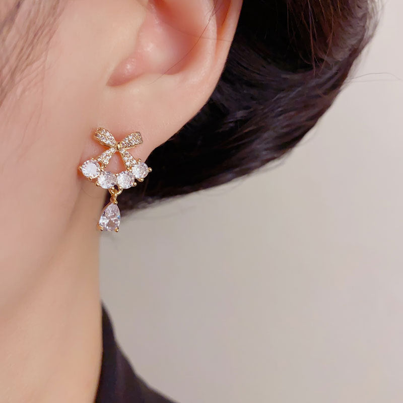 Elegant Zircon Bow Teardrop Drop Earrings – French Minimalist Design