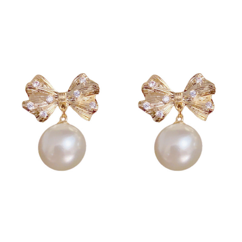 Luxury Zircon Metal Bow & Pearl Earrings – Elegant Design