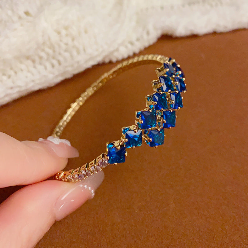 14K Gold-Plated Blue Full Zircon Open Bangle – Adjustable Elegant