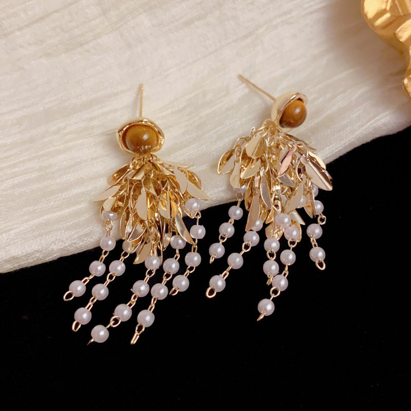 Elegant Tiger's Eye Leaf & Pearl Tassel Earrings – Floral Design