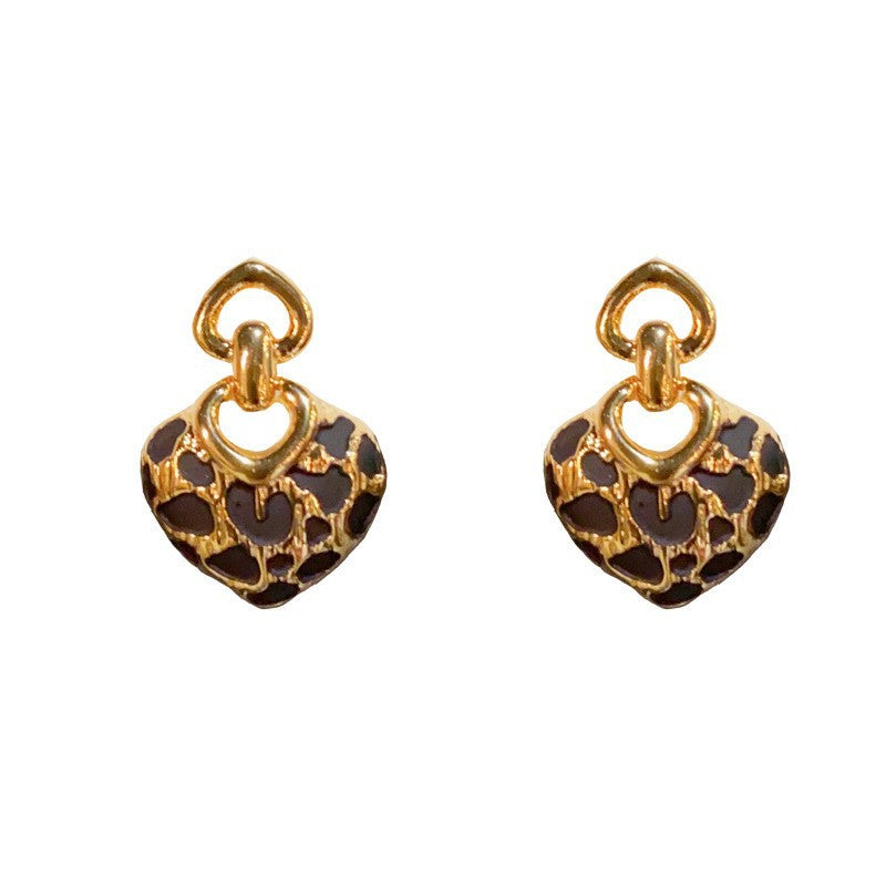 Luxury Metal Leopard Print Heart Stud Gold Earrings – Elegant Design