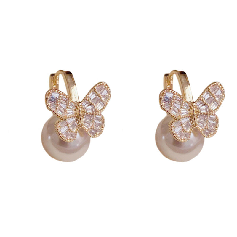 Luxury Pearl & Rhinestone Butterfly Earrings – Elegant French Design