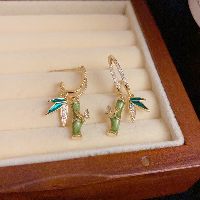 14K Gold-Plated Zircon Bamboo Drop Earrings – Elegant Oriental Design