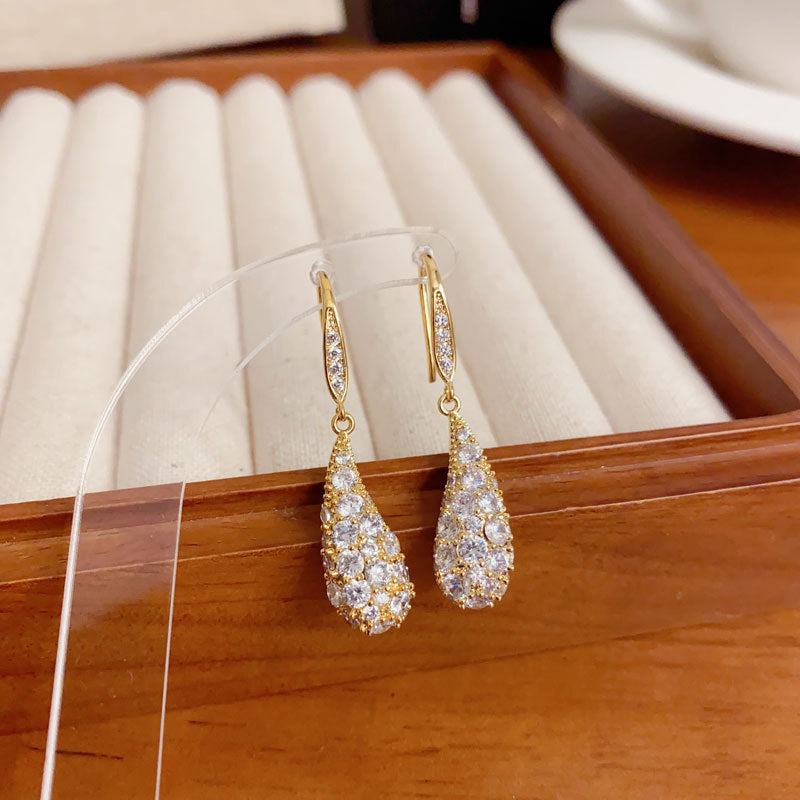 Elegant Full-Zircon Teardrop Ear Hooks – Minimalist Long Drop Design