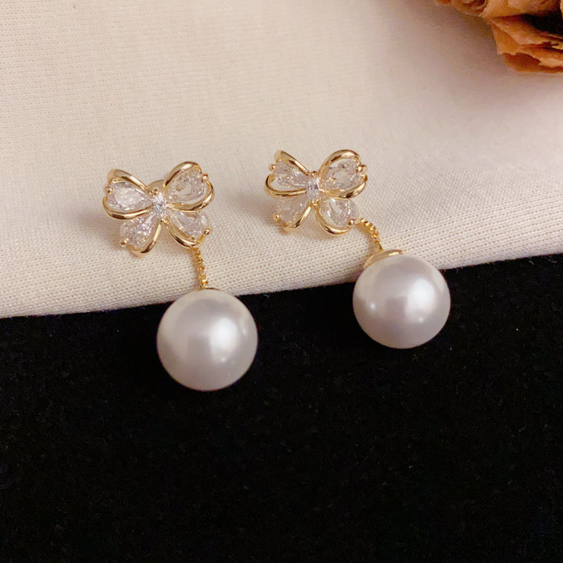Luxury Zircon Bow & Two-Way Pearl Drop Earrings – Silver Needle Design