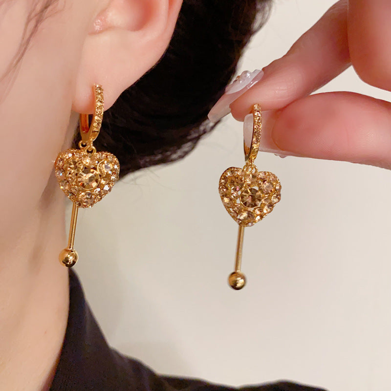 14K Gold Coffee Full Zircon Heart Tassel Earrings-Chic Elegance Design