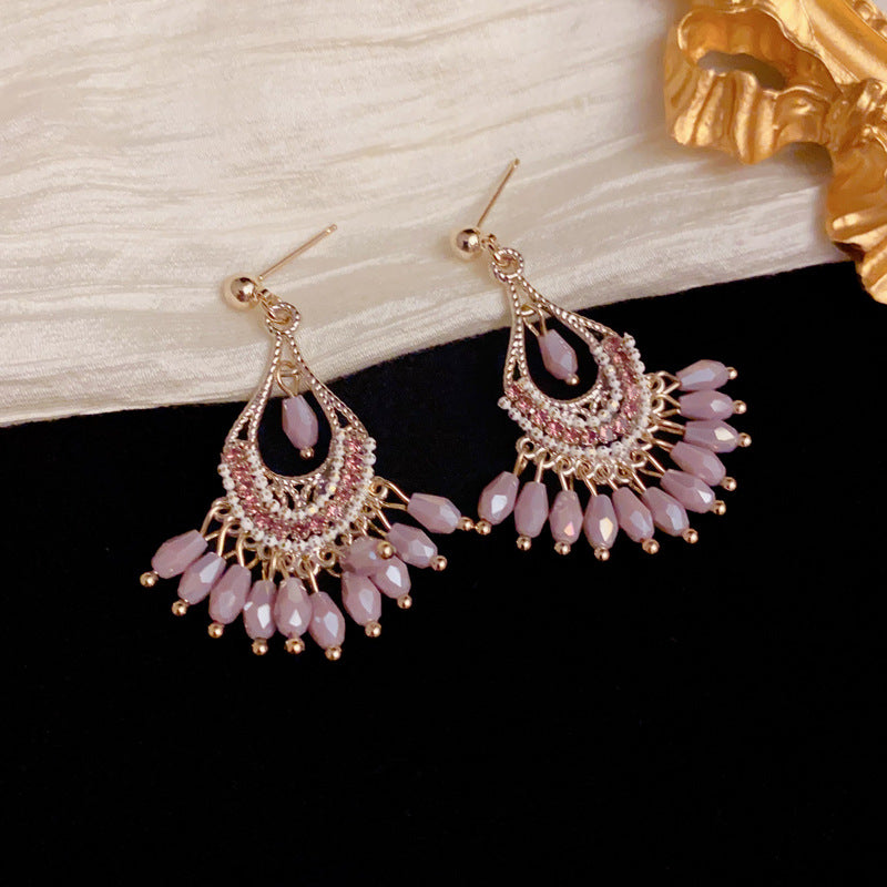 Luxury Teardrop Beaded Tassel Drop Gold Earrings – Elegant Design