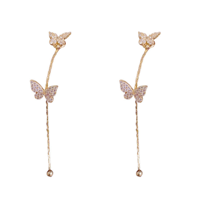 Luxury Butterfly Front-Back Tassel Drop Earrings – S925 Silver Needle