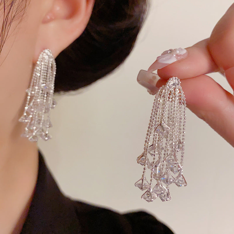 Luxury Fireworks Zircon Tassel Long Drop Earrings – Elegant Design