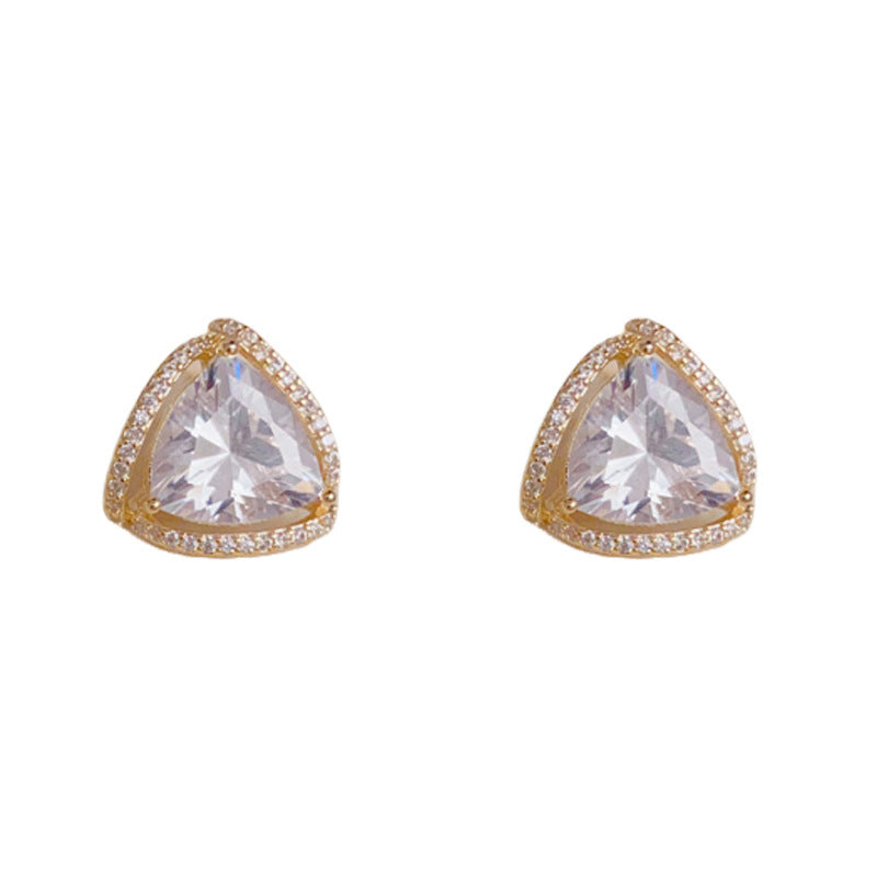 Elegant Full-Zircon Triangle Stud Gold Earrings – Geometric Design