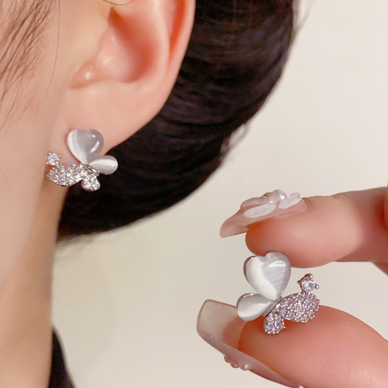 14K Gold Cat's Eye Stone Butterfly Stud Earrings – Sweet & Elegant