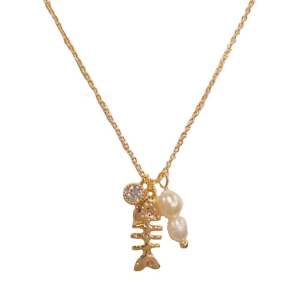 Eaioncol Fishbone Pearl Necklace 14K Gold & Silver Plated