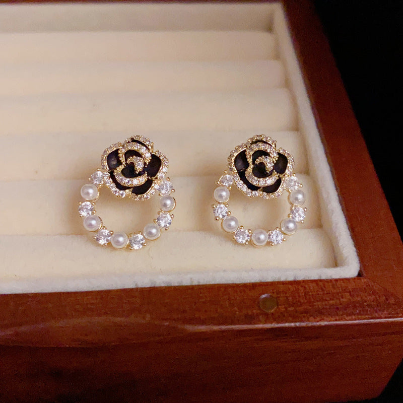 14K Gold-Plated Camellia Zircon Circle Earrings - Vintage Chic Design