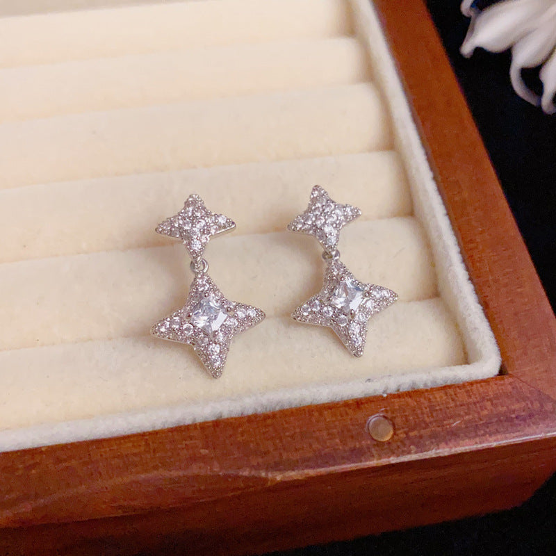 Luxury Full-Zircon Four-Point Star Drop Earrings – Elegant Design