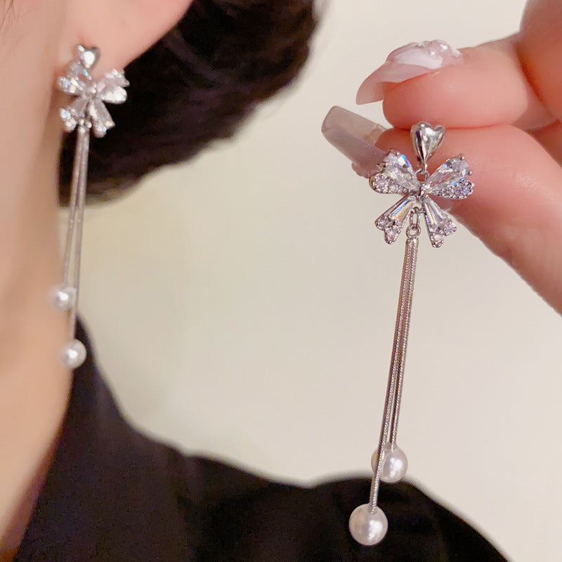 14K Gold-Plated Heart Zircon Bow Tassel Earrings – Elegance Design
