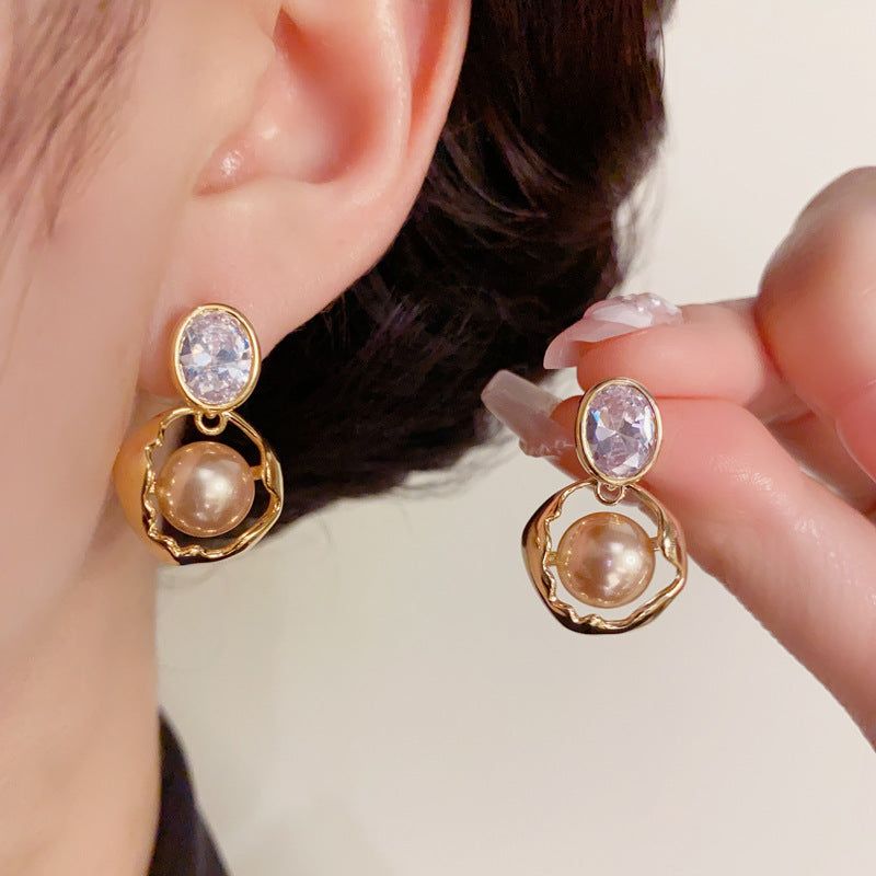 14K Gold-Plated Brown Pearl Circle Drop Earrings – Minimalist Design