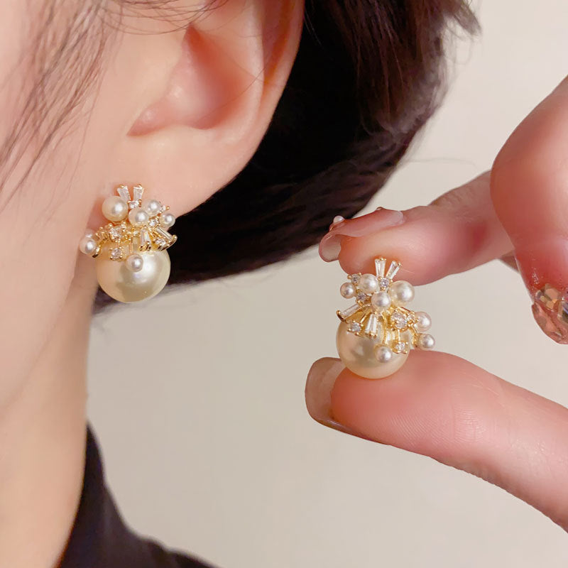 Elegant Zircon Pearl Petal Stud Earrings – French Floral Design