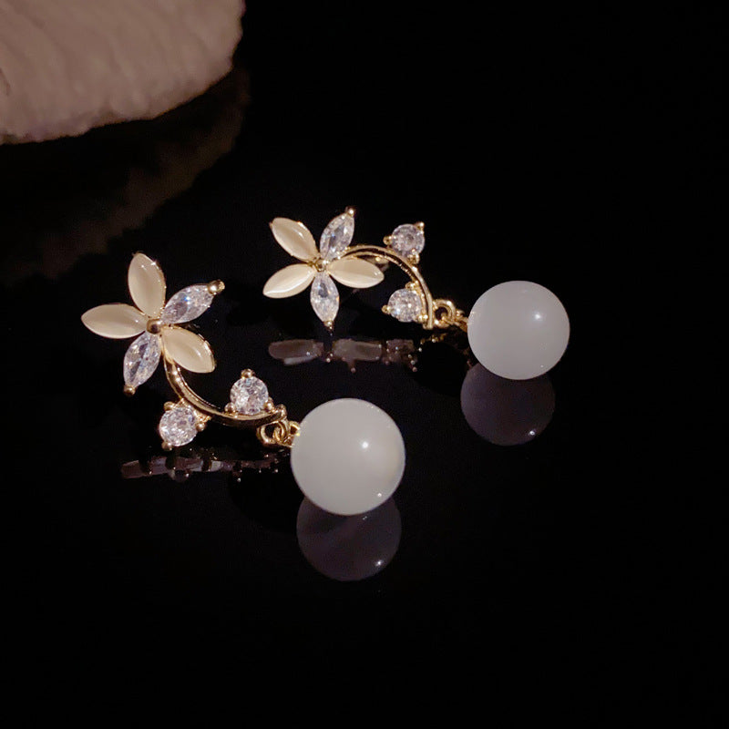 14K Gold-Plated Cat's Eye Flower Drop Earrings – Elegant Floral Design