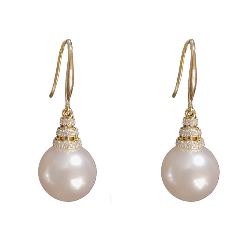 14K Gold-Plated Zircon Pearl Tassel Hook Earrings – Elegant Design