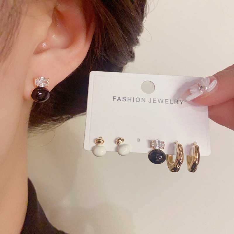14K Gold-Plated Black and White Bead Hoop Earrings- Geometric Trio Set