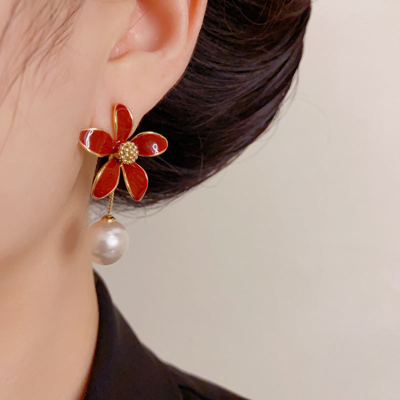 Luxury Red Enamel Petal Pearl Drop Earrings – Floral Design