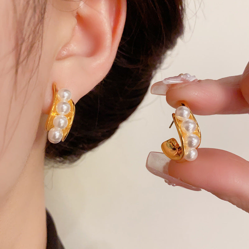 14K Gold-Plated Metal Pearl C-Shaped Hoop Earrings - Elegant Design