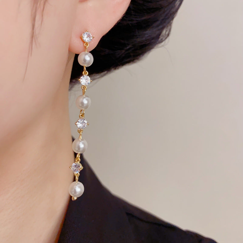Eaioncol Geometric Long Tassel Pearl CZ Earrings Gold