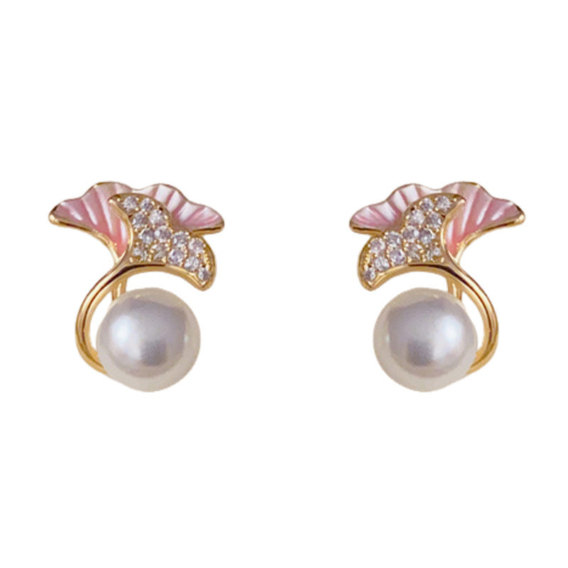 14K Gold Minimalist Double-Layer Ginkgo Leaf & Pearl Stud Earrings