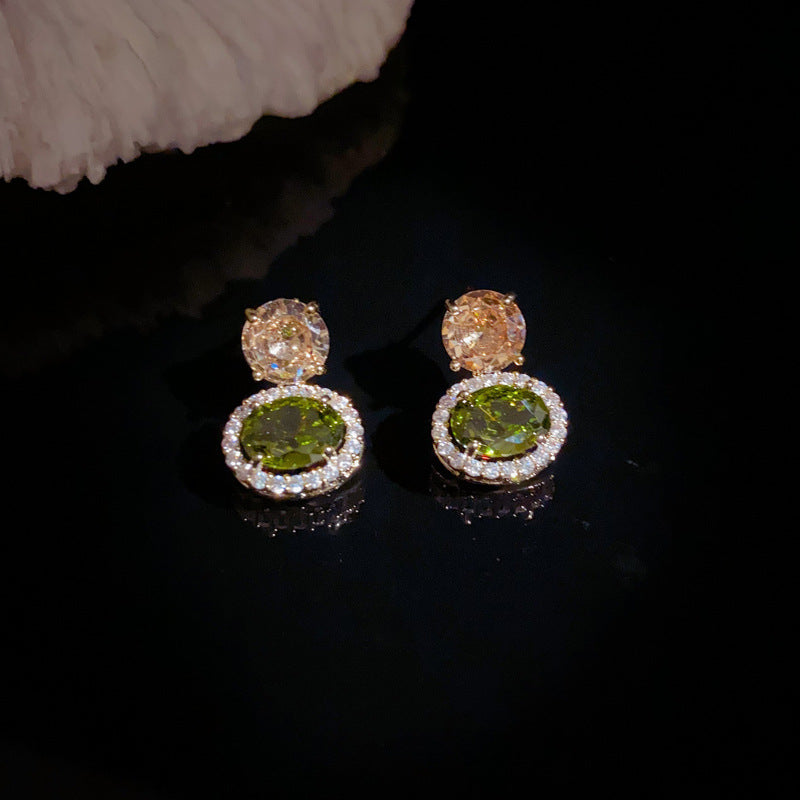 14K Gold-Plated Zircon Olive Green Round Earrings - Elegant Design