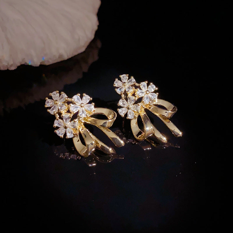 14K Gold-Plated Zircon Flower Bow Drop Earrings – Elegant Design