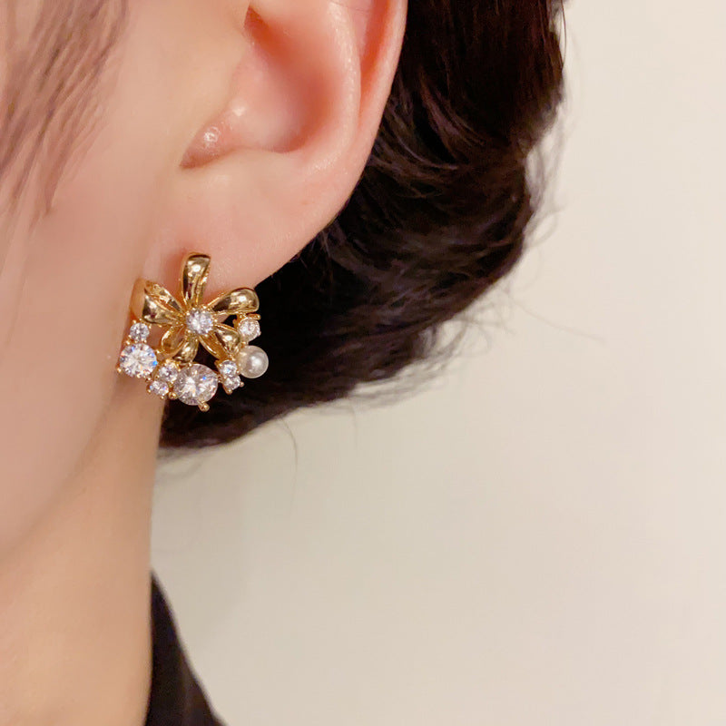 14K Gold-Plated Full Zircon Floral Stud Earrings–Sparkling Chic Design