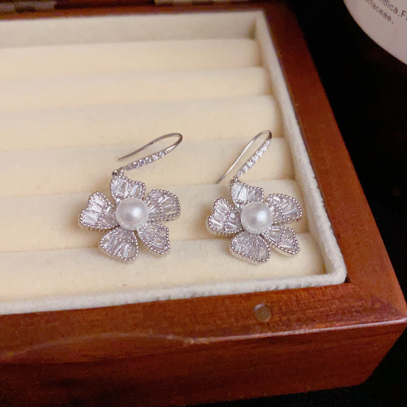 14K Gold Zircon Flower Pearl Hook Earrings – Elegant French Style