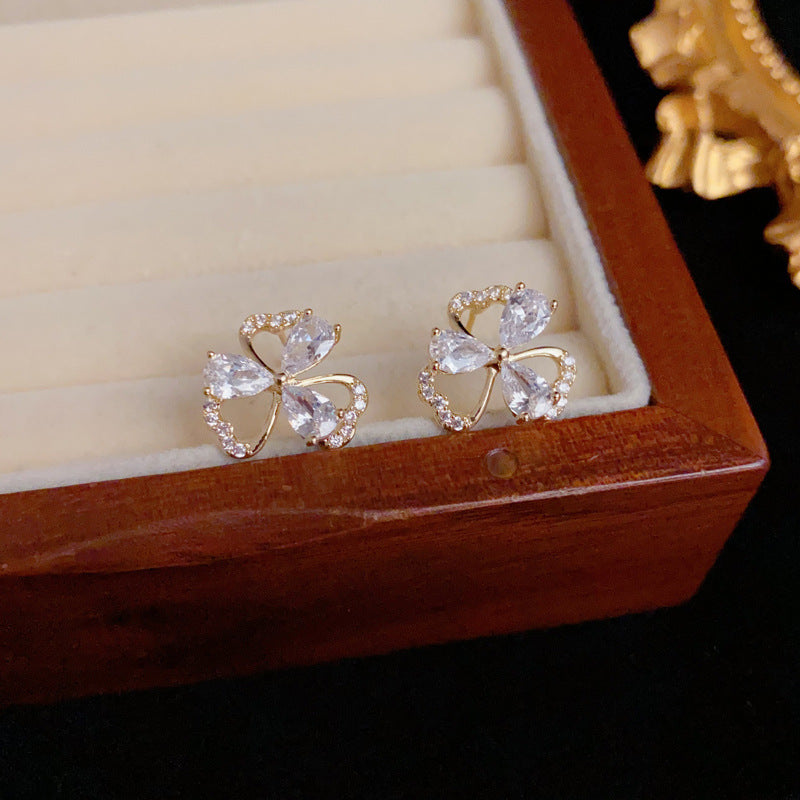 Elegant Zircon Three-Leaf Flower Stud Earrings – Floral Design